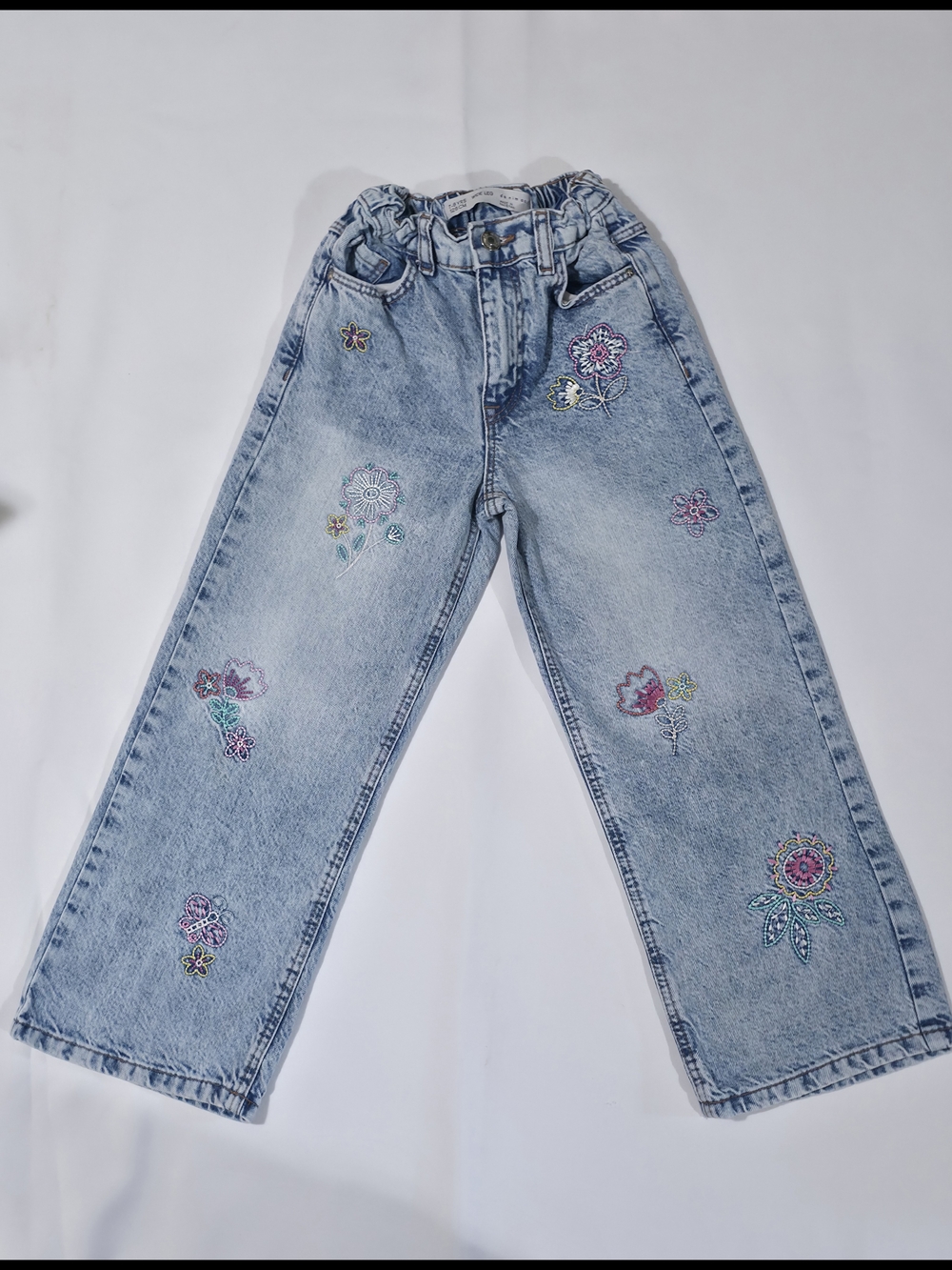 Denim & Co Girls Embroidered Floral Jeans Light Wash Wide Leg 8